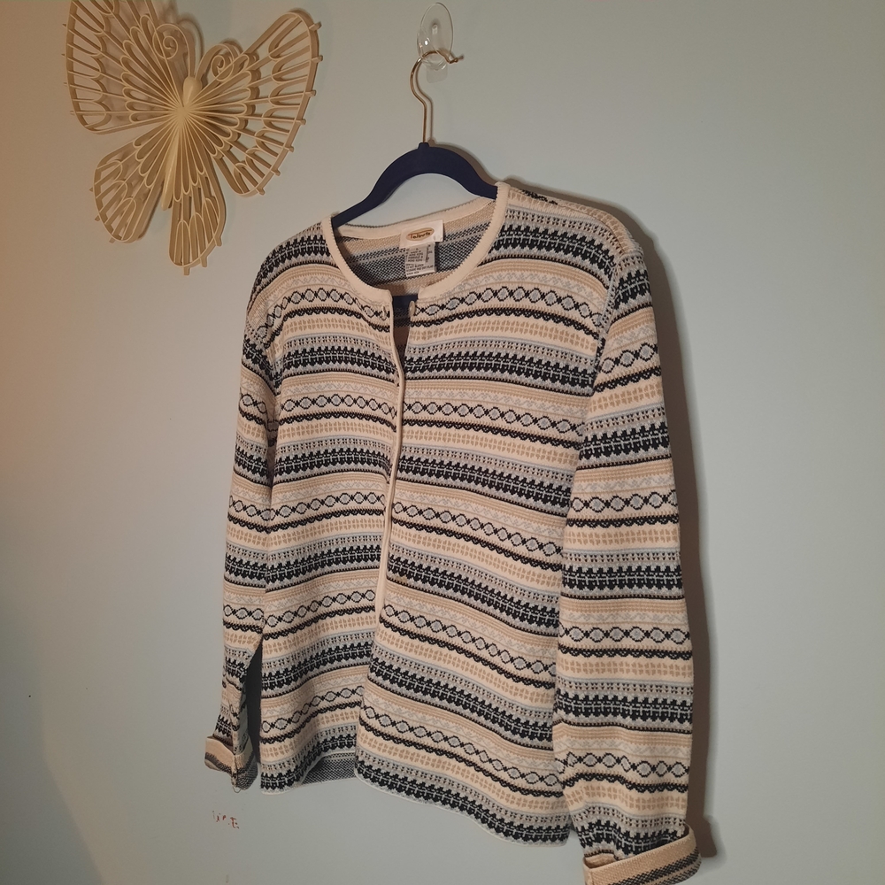 VNTG SZ LTalbots Cream/Black Striped‎ Knit Cardigan, Cottagecore, Grandmacore